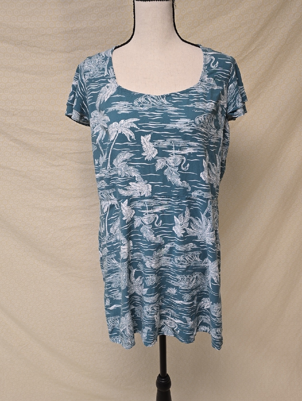 ANA Teal and White Tropical-Print Swim Cover-Up Tunic/ Sundress